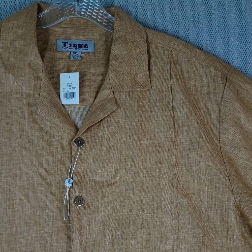 Stacy Adams Linen Party Dress Shirt Mens 3X Sand Brown Cuffed Short No Tuck - Picture 6 of 15